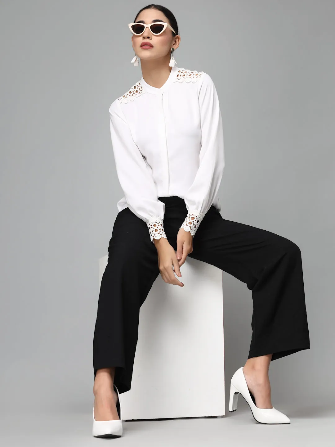 Style Quotient Women Embellished White  Regular Smart Casual Shirt