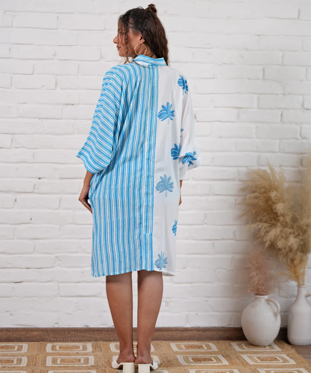 White blue stripe handblock printed modal oversize shirt