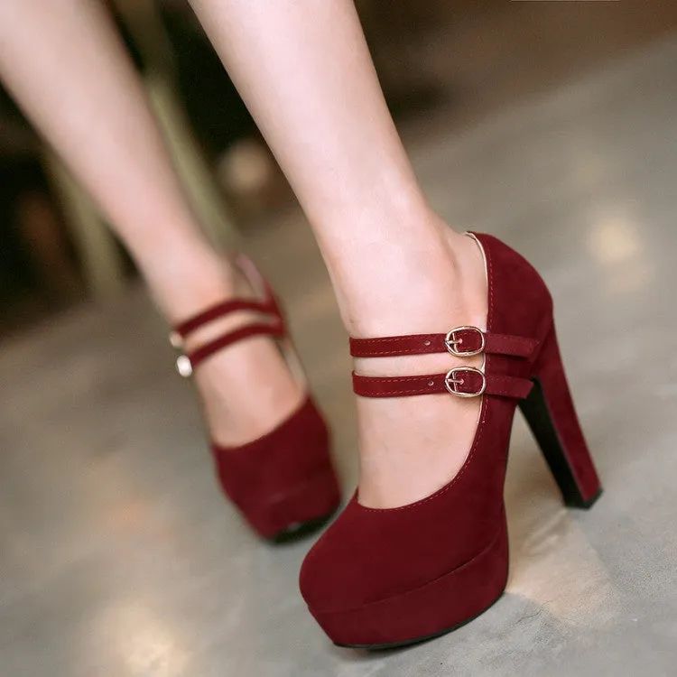 Women's Double Buckle Platform Pumps High Heels Shoes