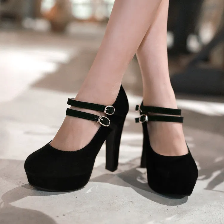 Women's Double Buckle Platform Pumps High Heels Shoes