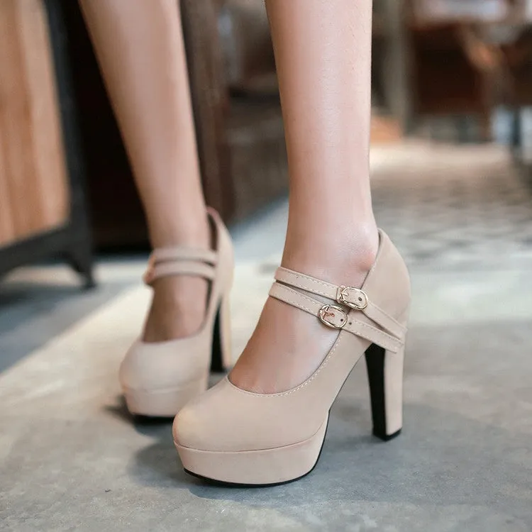 Women's Double Buckle Platform Pumps High Heels Shoes