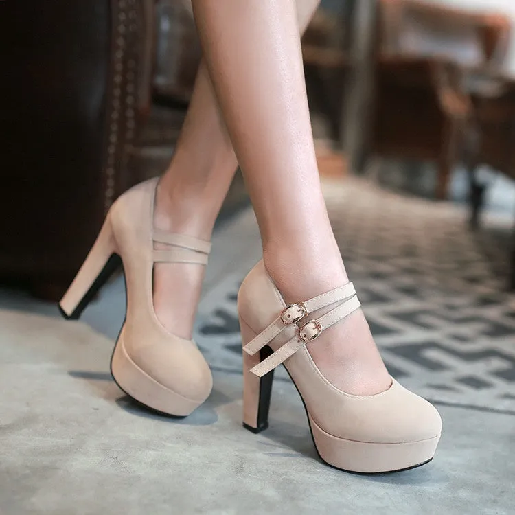 Women's Double Buckle Platform Pumps High Heels Shoes