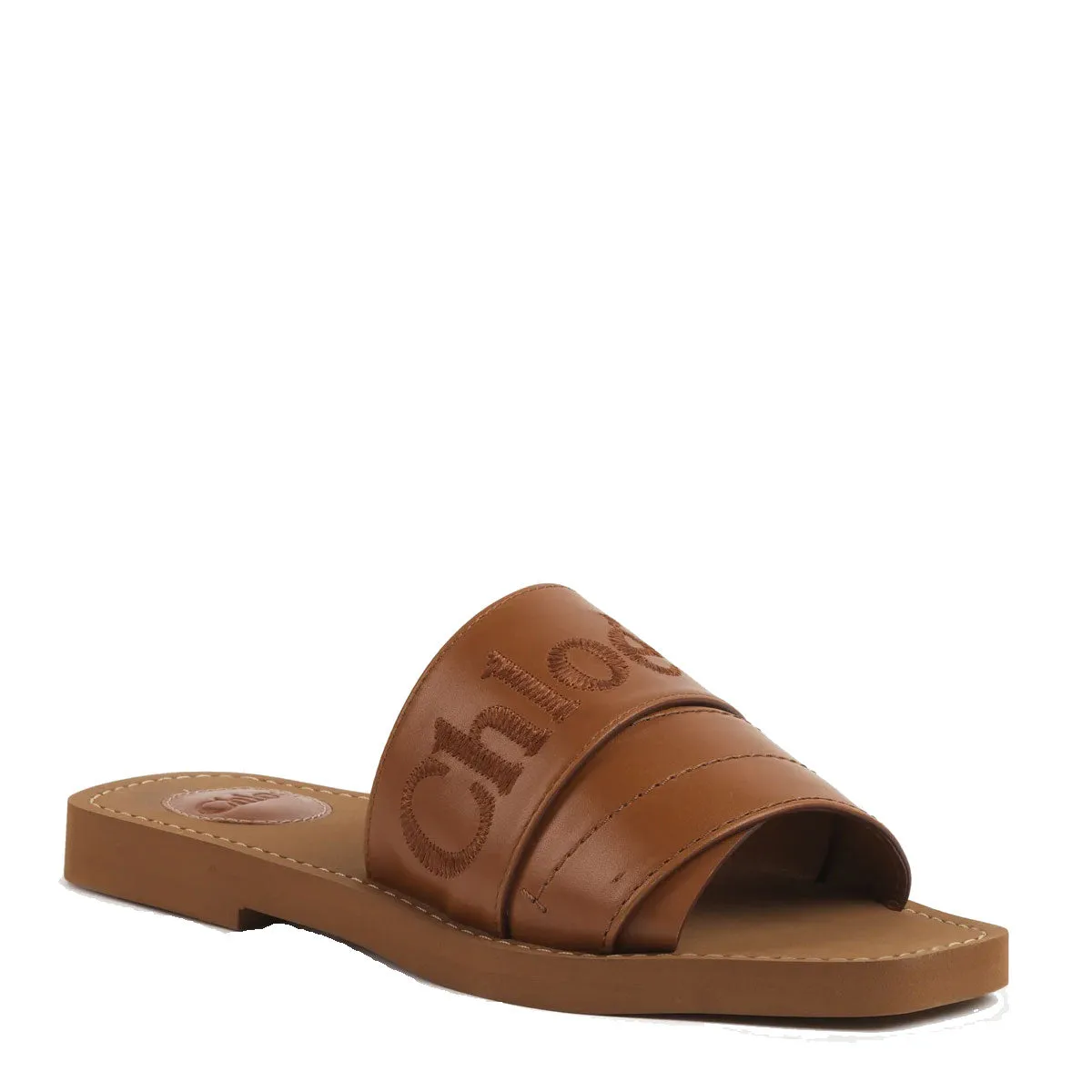 Woody Logo Leather Slide, Caramello