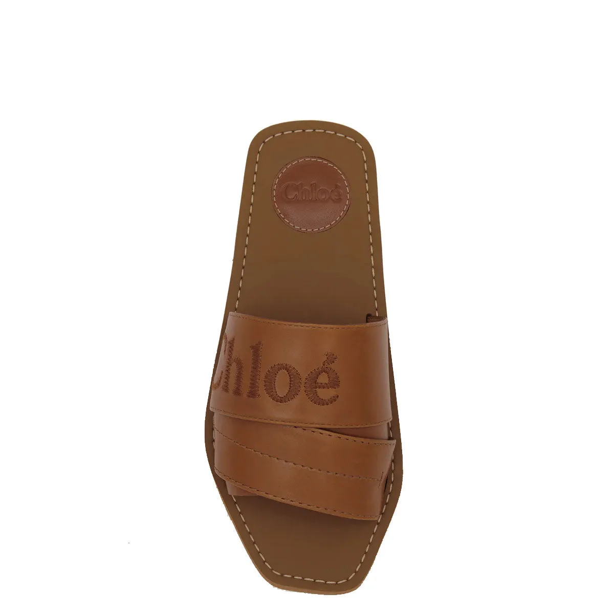 Woody Logo Leather Slide, Caramello